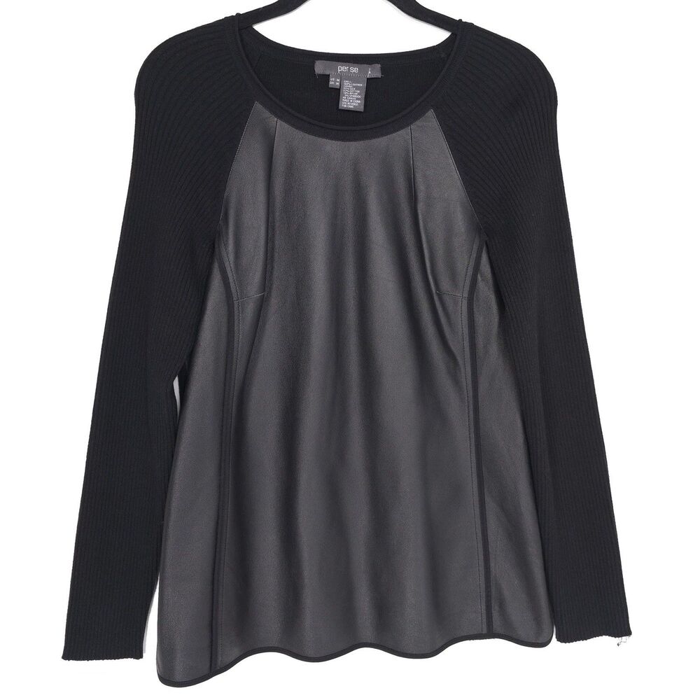 per se GENUINE LEATHER Women’s Top Sweater MEDIUM Black Combo SILK Blend Long Sl